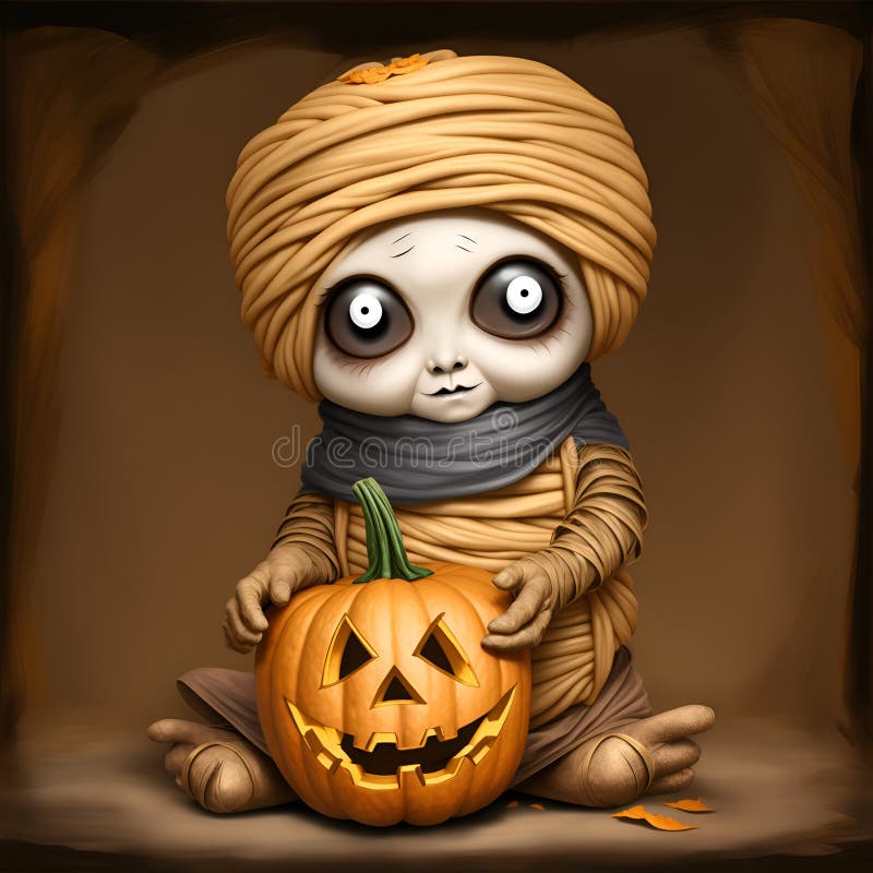 Ilustrarea caricaturii drăguțe Halloween mumie drăguță cu dovleci izolați pe fond maro închis. caricatură drăguță Halloween. vector illustration