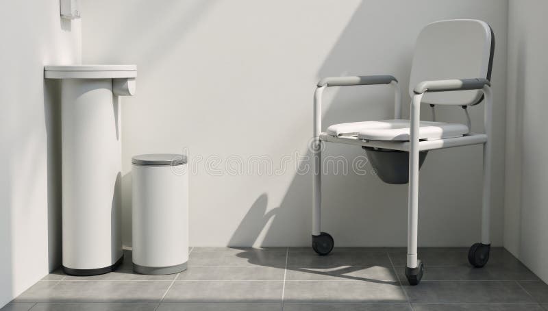 Ilustrarea digitală a unui scaun pentru comunicator medical într-un mediu spitalicesc situat pe o podea gri într-o baie asistată vector illustration
