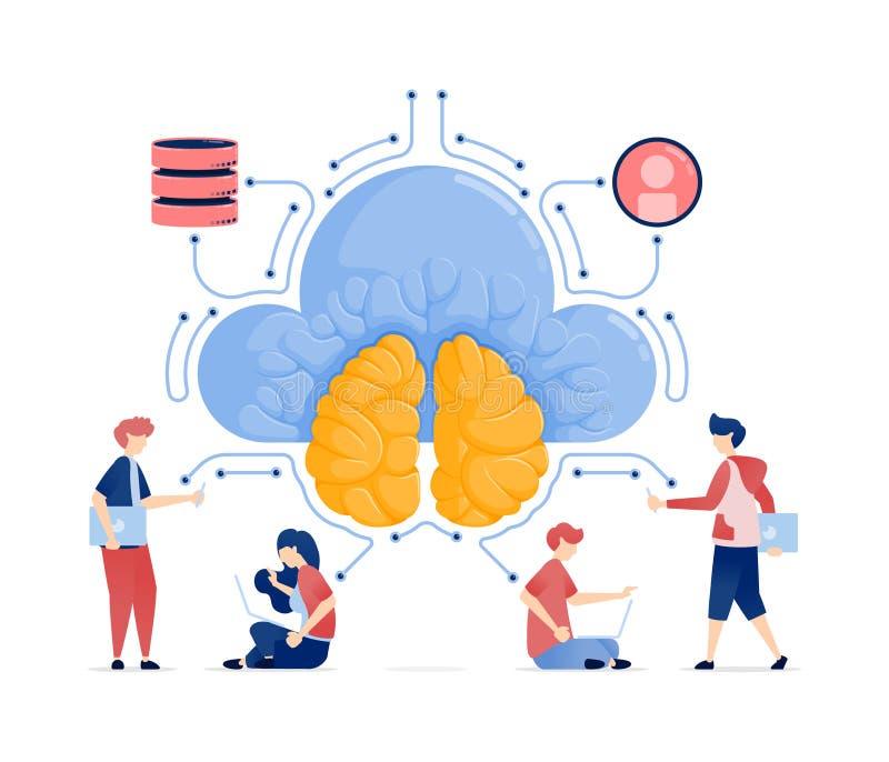 Ilustrarea persoanelor care accesează date din cloud și baze de date acceptate de AI Brain conectat la o rețea globală de internet vector illustration