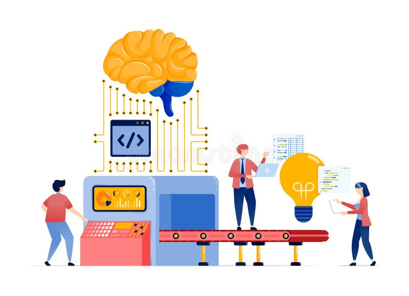 Ilustrarea persoanelor dintr-o fabrică de idei bazată pe o rețea de internet și pe mașini de învățare pentru crearea creierului AI royalty free illustration