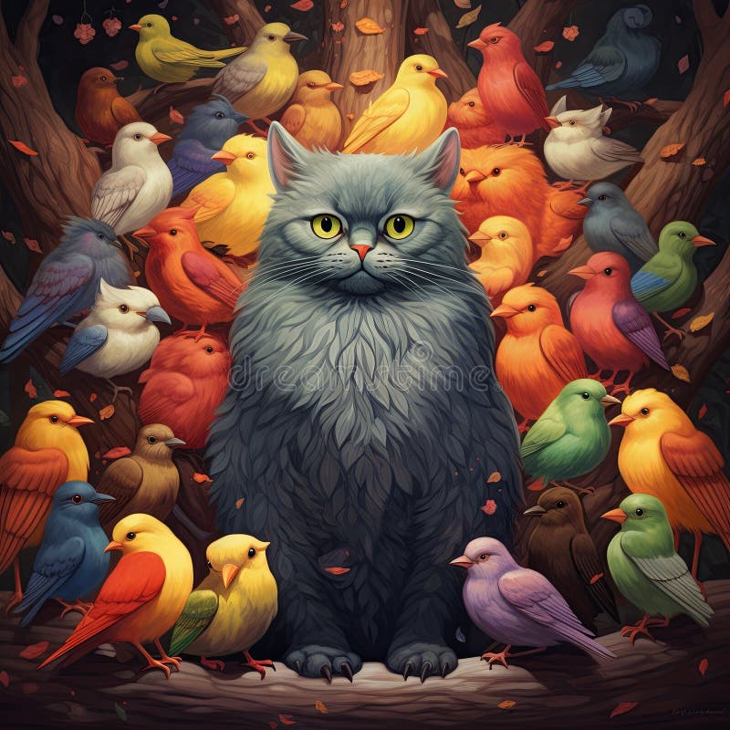 Ilustrarea pisicii înconjurate de păsări colorate în grup royalty free stock images