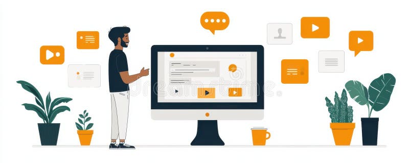 Ilustrarea unei persoane care comunică într-un computer înconjurat de medii digitale stock illustration