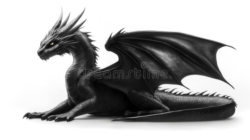 Ilustrarea unui dragon negru maiestuos este reprezentat într-o poziție puternică stock illustration