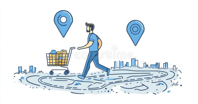 Ilustrarea unui om care face cumpărături folosind navigarea prin GPS într-un cadru din oraș vector illustration