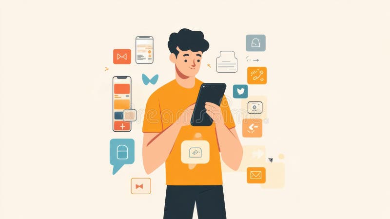Ilustrarea unui om care utilizează smartphone înconjurat de pictograme pentru aplicații mobile și interfețe digitale pentru comuni stock illustration