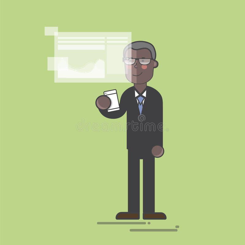 Ilustrarea unui om de afaceri care utilizează un dispozitiv de tehnologie a ecranului stock illustration