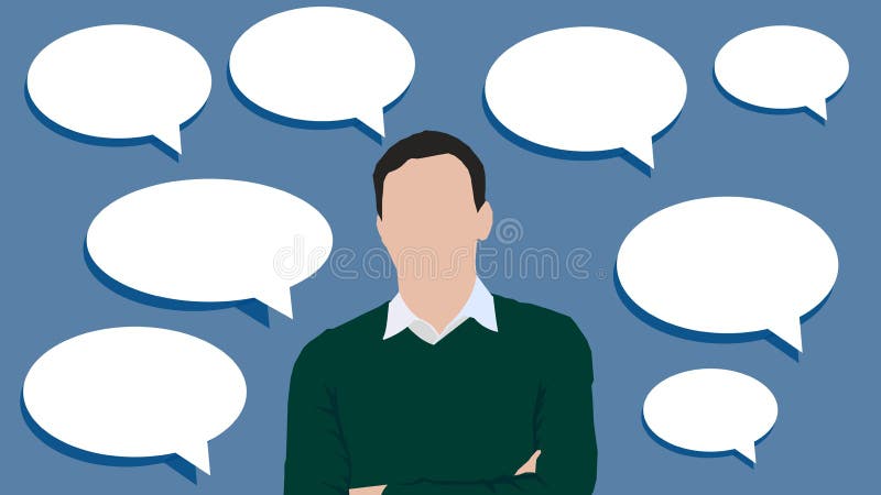 Ilustrarea unui personaj masculin fără chip cu bule de vorbire în jurul lui pe fond albastru royalty free stock images
