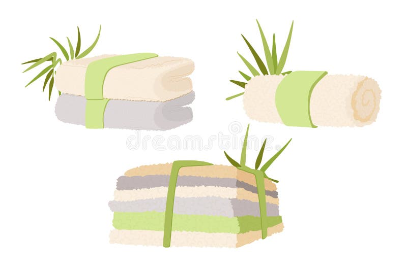 Ilustrarea vectorială a bambusului natural și a prosoapelor din bumbac pentru spa și hoteluri la domiciliu. un pachet de prosoape stock illustration