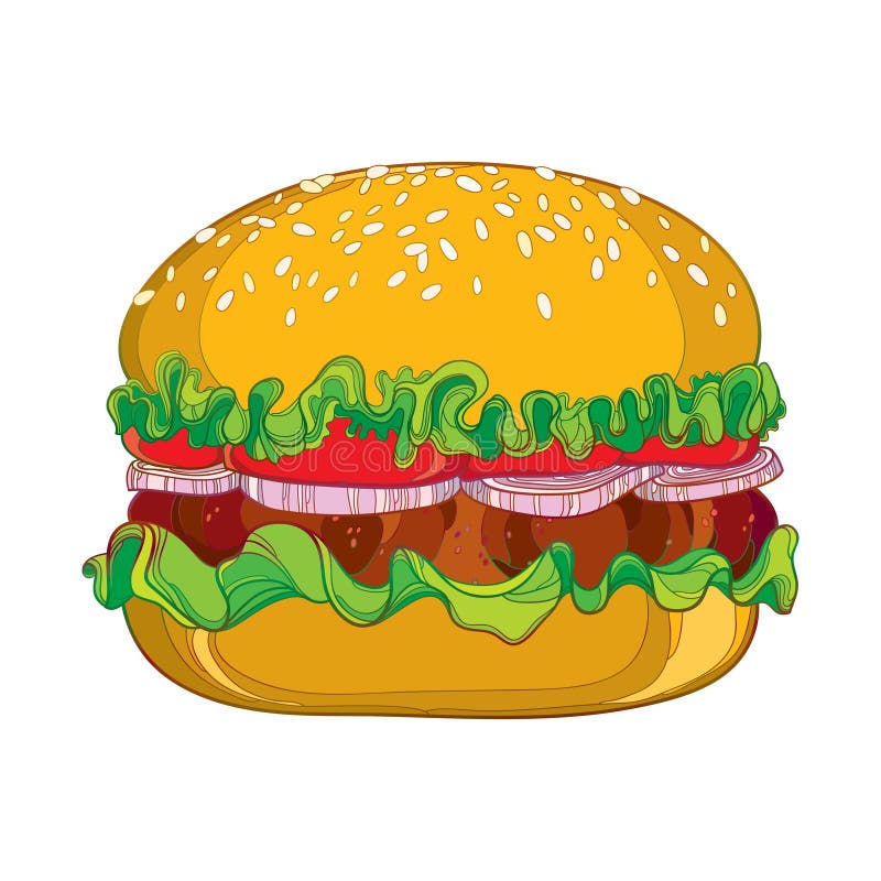 Ilustrarea vectorială a conturului clasic hamburger cu tomate de vită la grătar și semințe de susan izolate pe alb. vector illustration
