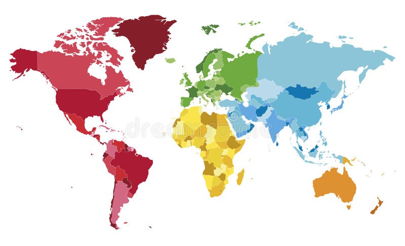 Ilustrarea vectorului hărții globale goale politice cu culori diferite pentru fiecare continent și tonuri diferite pentru fiecare stock illustration