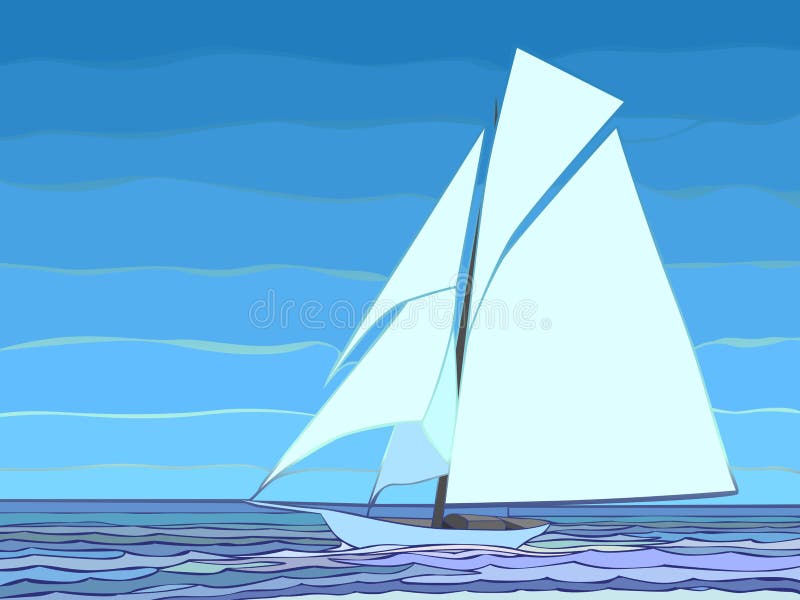 Ilustration Of Cartoon Sailing Yacht In Blue Tone. Stock 