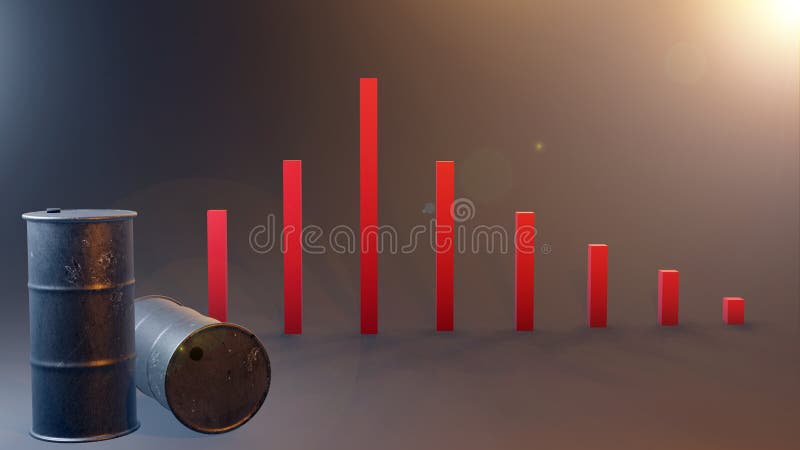 Ilustration 3d. Ölbarrelpreisverfälle auf Diagramm. stock abbildung
