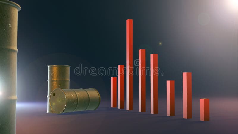 Ilustration 3d. Ölbarrelpreisverfälle auf Diagramm. stock abbildung