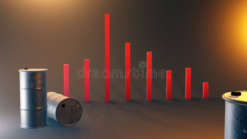 Ilustration 3d. Ölbarrelpreisverfälle auf Diagramm. stock abbildung