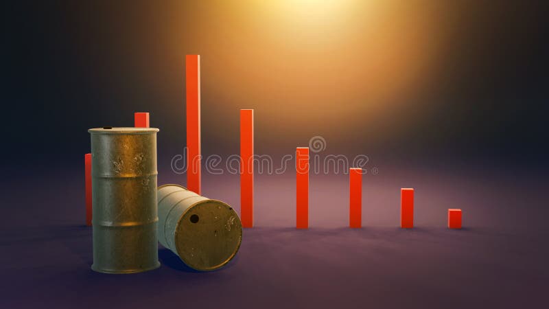 Ilustration 3d. Ölbarrelpreisverfälle auf Diagramm. lizenzfreie abbildung