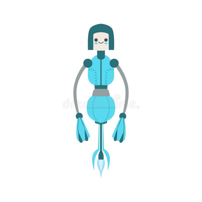 Ilustração amigável de flutuação azul fina dos desenhos animados do vetor do caráter do robô de Mid Air Android ilustração royalty free Ilustração amigável de flutuação azul fina dos desenhos animados do vetor do caráter do robô de Mid Air Android ilustração royalty free
