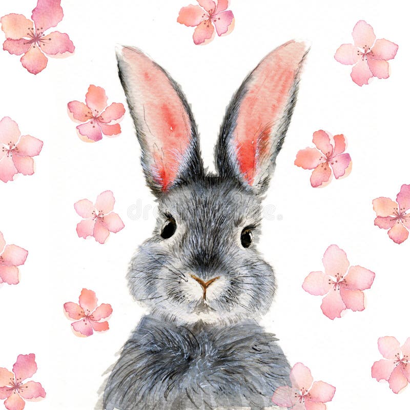 Ilustração aquosa de um coelho cinzento fofo e fofo imagens de stock