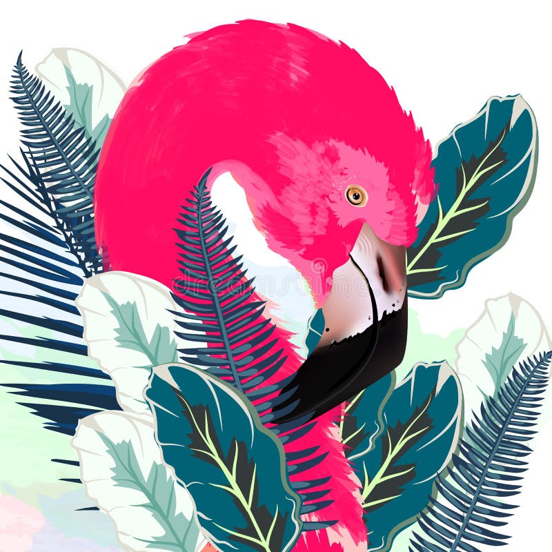Ilustração bonita do vetor com o flamingo e a palma cor-de-rosa tirados ilustração royalty free