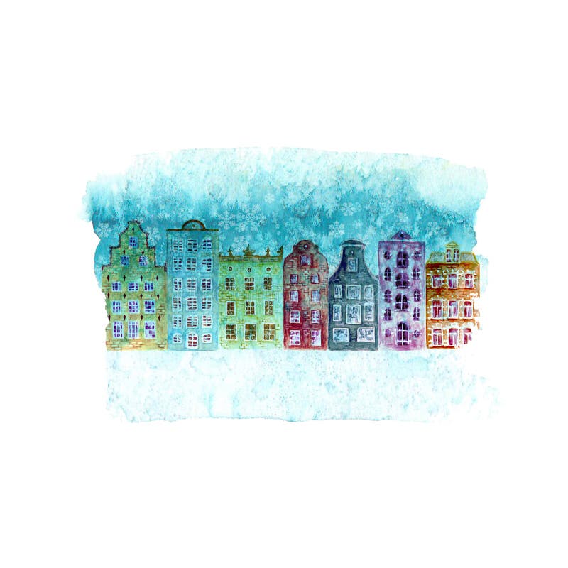 Ilustração com as casas europeias velhas da aquarela colorida do inverno, neve do ano novo feliz e do Natal na mancha azul da cer ilustração do vetor Ilustração com as casas europeias velhas da aquarela colorida do inverno, neve do ano novo feliz e do Natal na mancha azul da cer ilustração do vetor