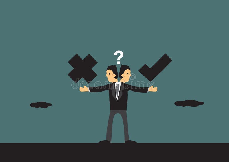 Businessman in dilemma choosing between right and wrong path. Metaphor vector illustration for business ethics in cartoon style. Businessman in dilemma choosing between right and wrong path. Metaphor vector illustration for business ethics in cartoon style.