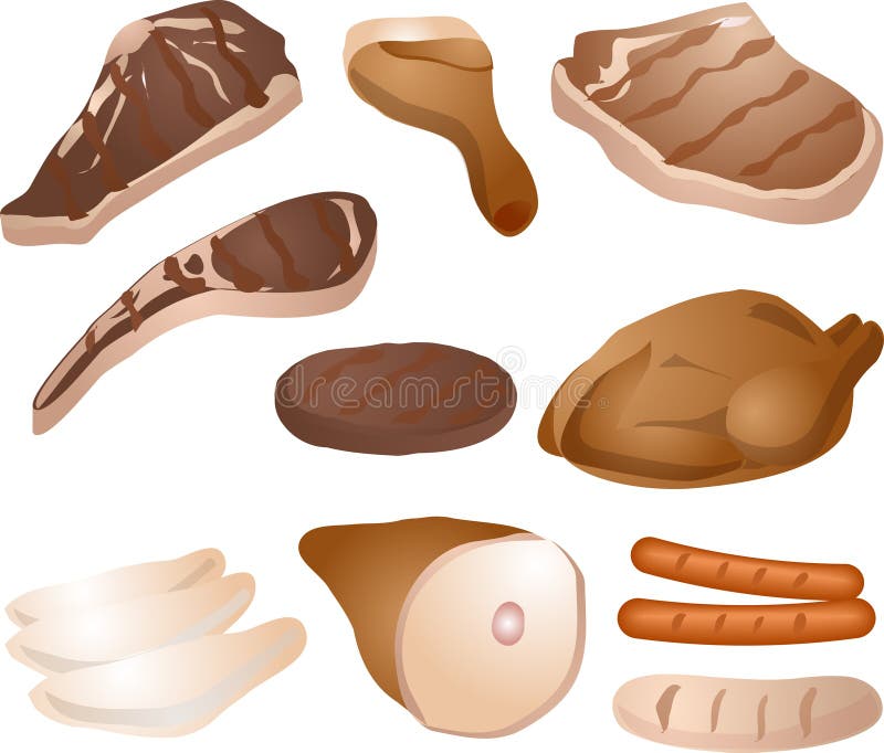 Varioust cuts of cooked meat: steak, drumstick, pork chop, lamb chop, burger, roast chicken / poultry, chicken breast, mutton leg, sausages. Roasted and grilled. Vector illustration available for download. Click here for more vectors --------------------------------------. Varioust cuts of cooked meat: steak, drumstick, pork chop, lamb chop, burger, roast chicken / poultry, chicken breast, mutton leg, sausages. Roasted and grilled. Vector illustration available for download. Click here for more vectors --------------------------------------