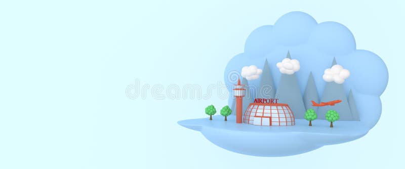 Ilustração criativa de uma cena com uma planície aeroportuária montando nuvens. faixa em tons de azul