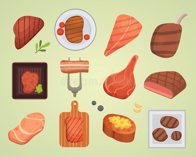 Ilustração crua e grelhada do bife diferente da carne do alimento do assado do BBQ do ingrediente do vetor ilustração royalty free Ilustração crua e grelhada do bife diferente da carne do alimento do assado do BBQ do ingrediente do vetor ilustração royalty free