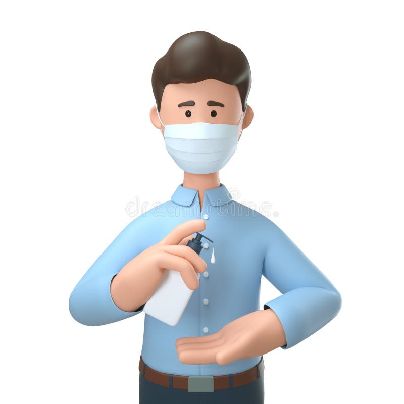 Ilustração 3d do homem usando máscara médica e limpando as mãos com gel antisséptico santificante para proteção contra coronavírus