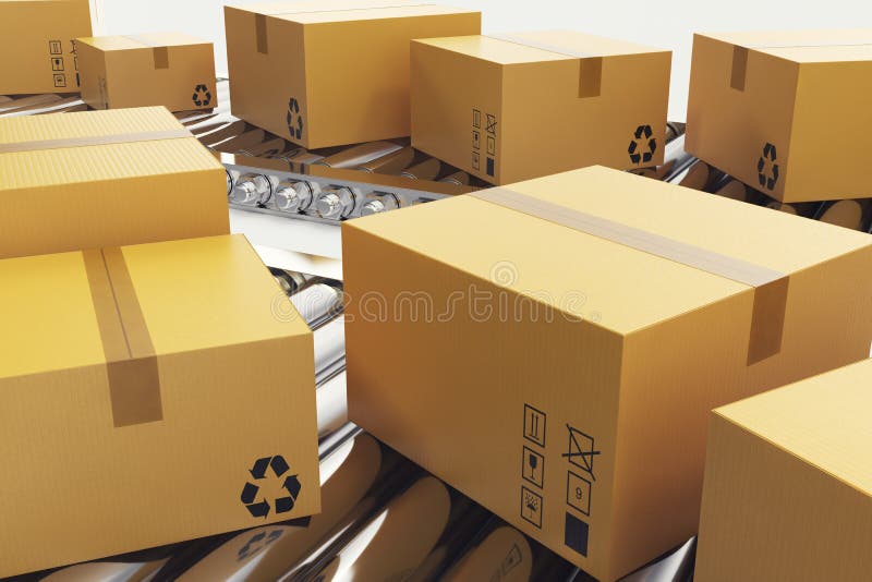 3D illustration Packages delivery, packaging service and parcels transportation system concept, cardboard boxes on conveyor belt. 3D illustration Packages delivery, packaging service and parcels transportation system concept, cardboard boxes on conveyor belt