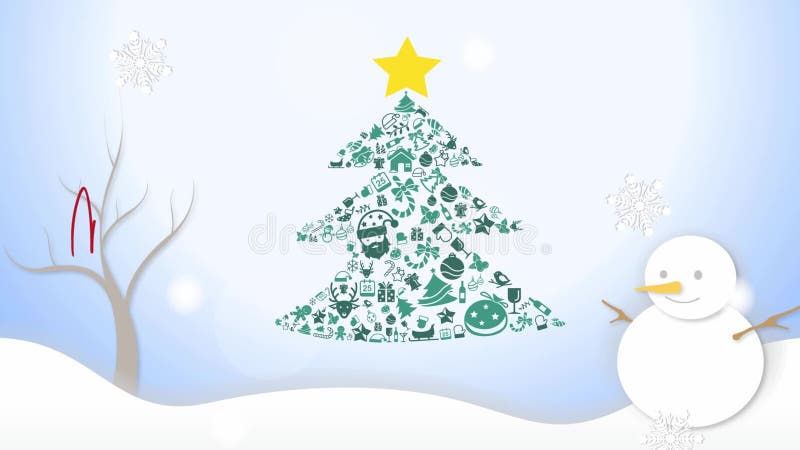 A ilustração da animação do ícone do ornamento da árvore de Natal e o inverno nevando branco ajardinam com os flocos de neve do b