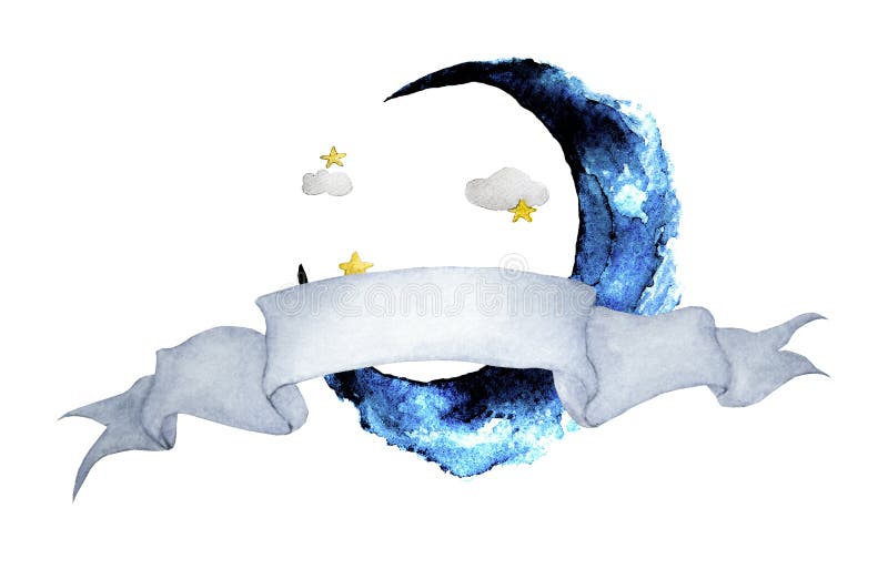 Ilustração da aquarela com a fita para o texto e a lua Meia lua com estrelas Bandeira da arte para seu projeto ilustração do vetor Ilustração da aquarela com a fita para o texto e a lua Meia lua com estrelas Bandeira da arte para seu projeto ilustração do vetor