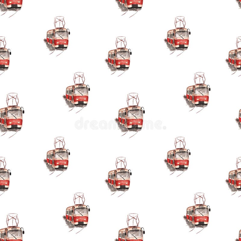 Ilustração da aquarela de um teste padrão vermelho do bonde ilustração royalty free Ilustração da aquarela de um teste padrão vermelho do bonde ilustração royalty free