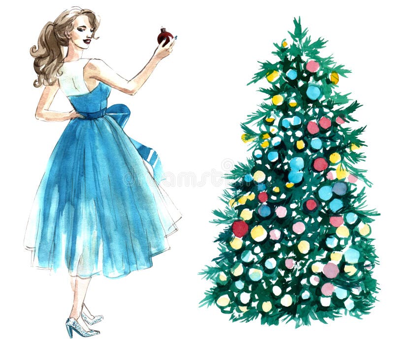 Ilustra??o da aquarela de uma mulher com uma bola que decora uma ?rvore de Natal isolada no fundo branco ilustração stock Ilustra??o da aquarela de uma mulher com uma bola que decora uma ?rvore de Natal isolada no fundo branco ilustração stock
