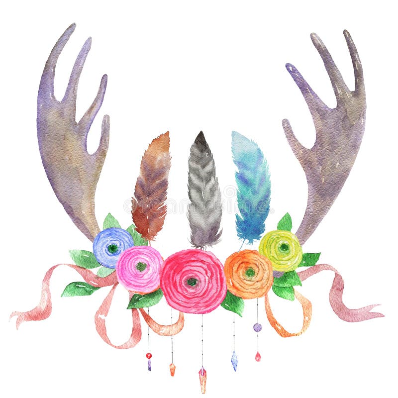 Watercolor Elk antlers, Ranunculus, Feathers and Ribbons, on white background. Boho style. Hand painted Element for your design. Watercolor illustration. Ethnic themed design. Watercolor Elk antlers, Ranunculus, Feathers and Ribbons, on white background. Boho style. Hand painted Element for your design. Watercolor illustration. Ethnic themed design.