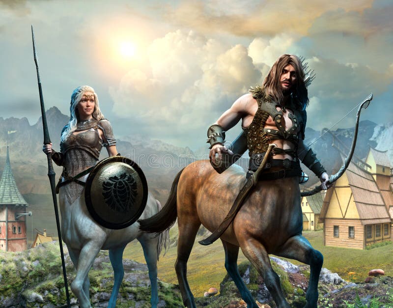 Centaur and village scene 3D illustration. Centaur and village scene 3D illustration