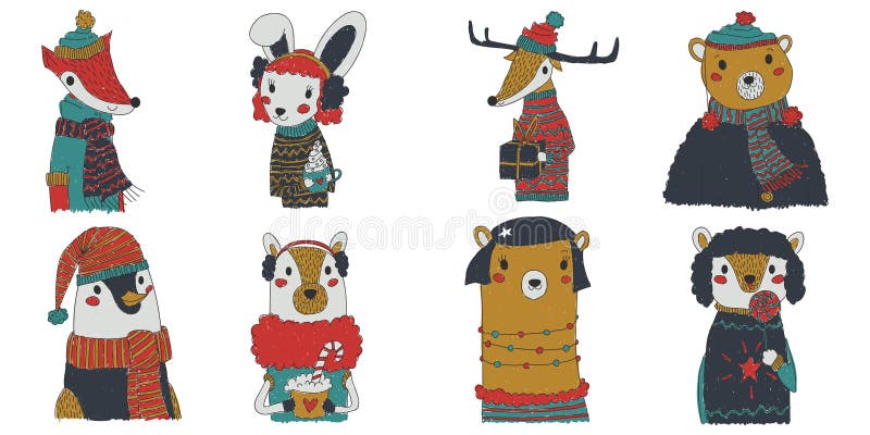 Ilustração da coleção dos animais do Natal do vetor com os oito animais que vestem a roupa festiva do inverno grupo engraçado bon ilustração do vetor Ilustração da coleção dos animais do Natal do vetor com os oito animais que vestem a roupa festiva do inverno grupo engraçado bon ilustração do vetor