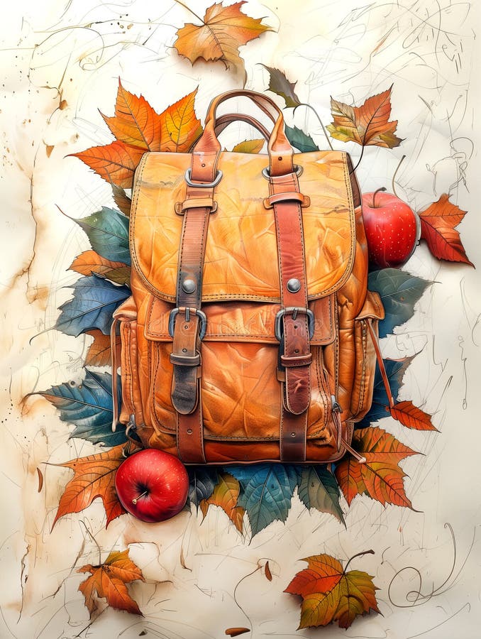 Ilustração da mochila no fundo das folhas e maçãs do outono. ai generativo