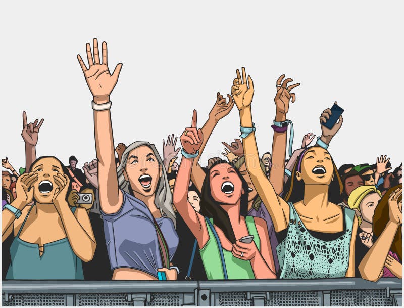 Stylized drawing of people cheering at live performance. Stylized drawing of people cheering at live performance