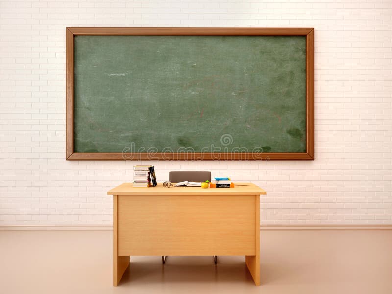 3d illustration of bright empty classroom with blackboard. 3d illustration of bright empty classroom with blackboard