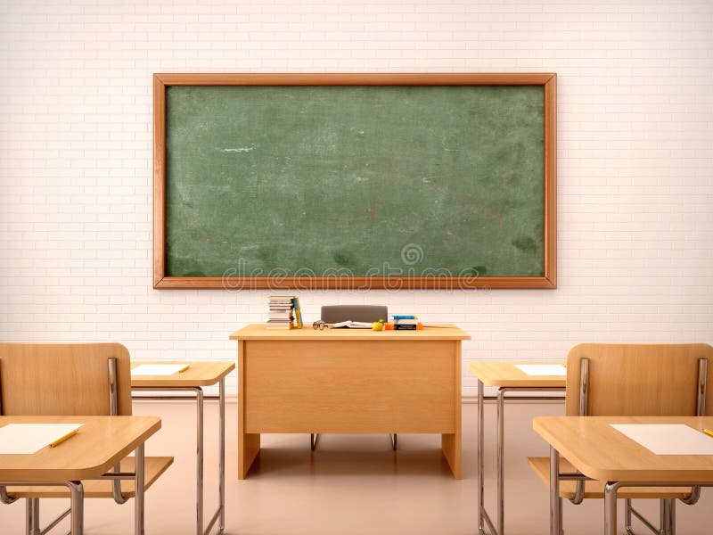 3d illustration of bright empty classroom for lessons and traini. 3d illustration of bright empty classroom for lessons and traini