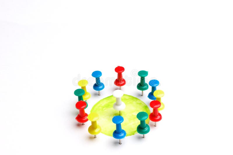 Illustration for round table situation with moderator. Attendee. Attendant. Discussion. Hearing. Proceeding. Set of real pins with different colors on white background with shadows and green circle. Illustration for round table situation with moderator. Attendee. Attendant. Discussion. Hearing. Proceeding. Set of real pins with different colors on white background with shadows and green circle.