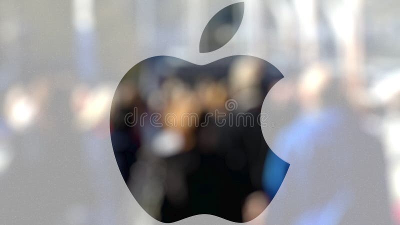 Ilustração de Apple Inc logotipo em um vidro contra a multidão borrada no steet Rendição 3D editorial