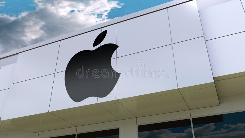 Ilustração de Apple Inc logotipo na fachada moderna da construção Rendição 3D editorial