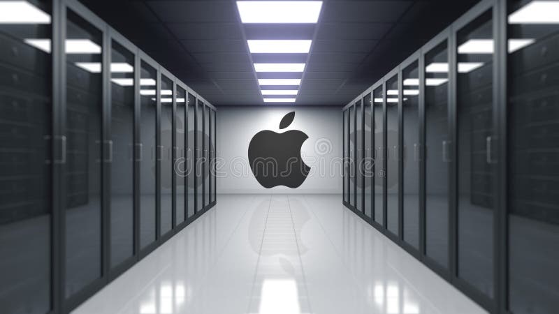 Ilustração de Apple Inc logotipo na parede da sala do servidor Rendição 3D editorial
