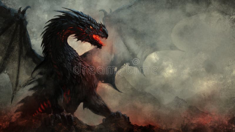Ilustração de fantasia de dragão negro alado feroz