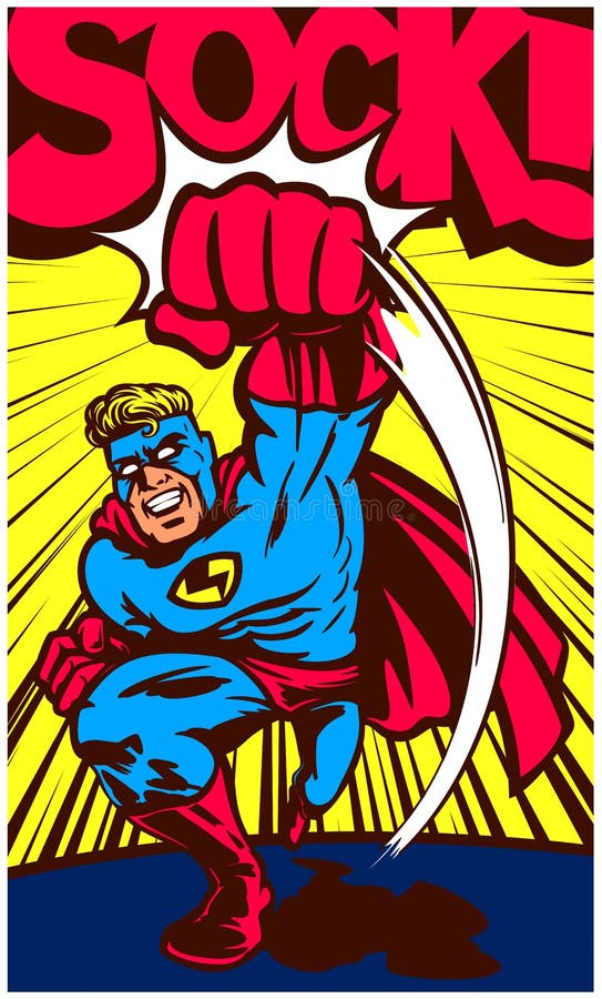 Ilustração de perfuração e de combate do super-herói da banda desenhada do pop art do vetor