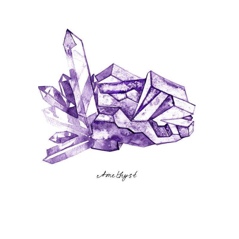 Ilustração de pintura tirada do conjunto da ametista da aquarela mão de cristal roxa isolada no fundo branco ilustração royalty free Ilustração de pintura tirada do conjunto da ametista da aquarela mão de cristal roxa isolada no fundo branco ilustração royalty free