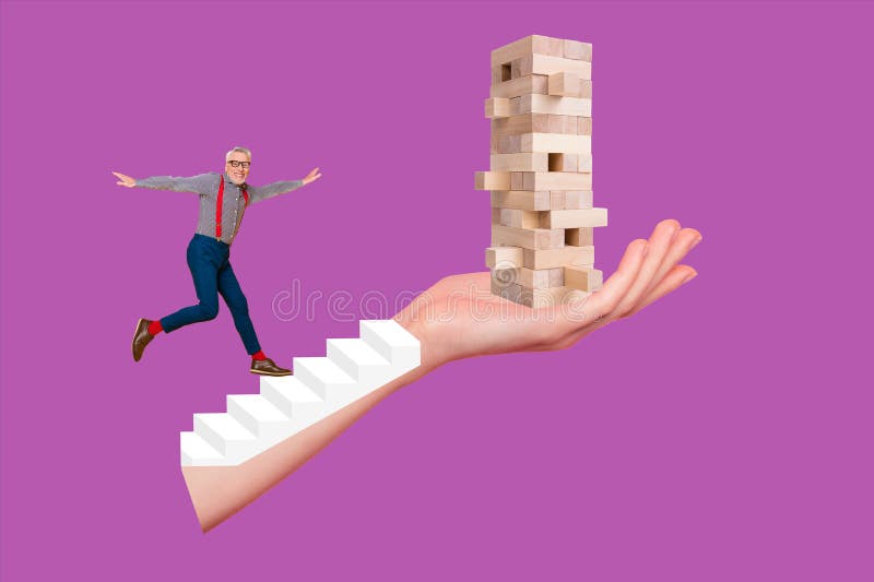 Illustration collage design picture of positive businessman working develop high tower jenga build career isolated on magenta background. Illustration collage design picture of positive businessman working develop high tower jenga build career isolated on magenta background.