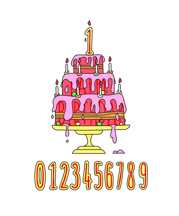 Ilustração de um bolo de creme cor-de-rosa festivo Vetor A vela numera o estilo dos desenhos animados Um grupo de decorações do a ilustração do vetor Ilustração de um bolo de creme cor-de-rosa festivo Vetor A vela numera o estilo dos desenhos animados Um grupo de decorações do a ilustração do vetor