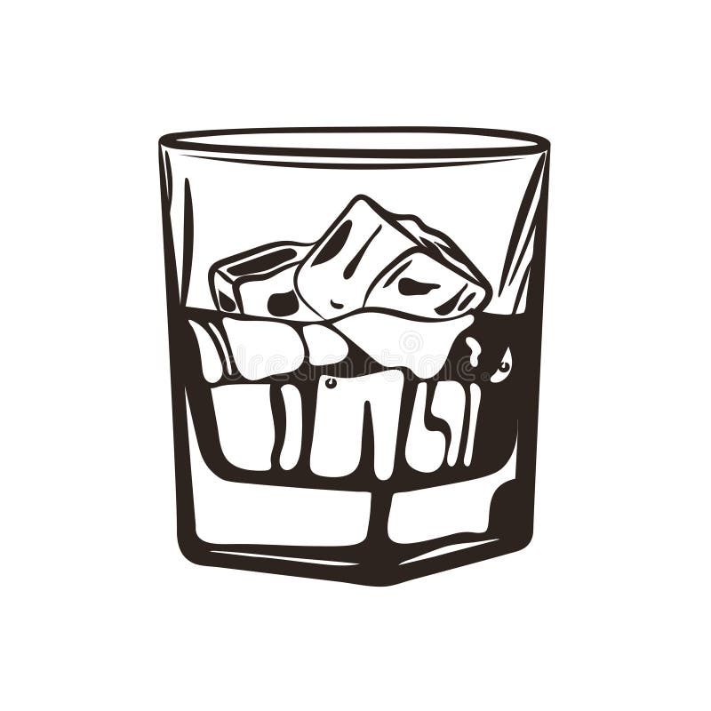 Ilustração de um copo de uísque com cubos de gelo Ilustração desenhada à mão do coquetel